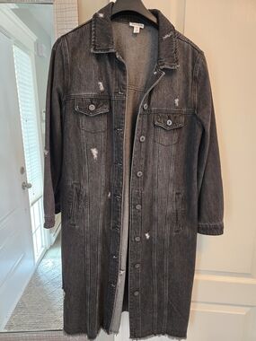 Long Distressed Black Denim Jacket Coat - TRIBAL brand
